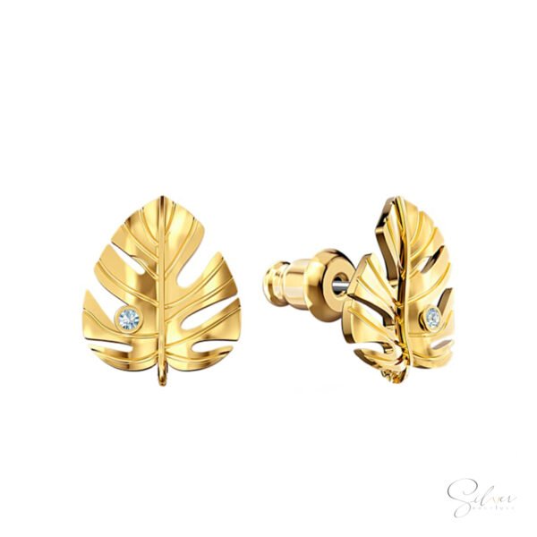 Leaf Stud Earrings with CZ Diamonds