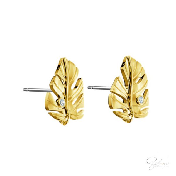 Leaf Stud Earrings with CZ Diamonds - Image 2