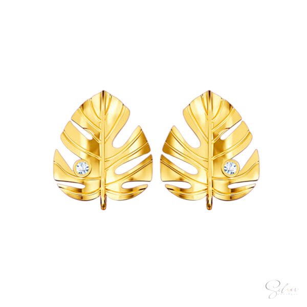 Leaf Stud Earrings with CZ Diamonds - Image 3